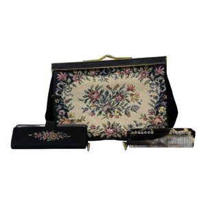 West Germany Floral Tapestry Clutch Purse Kiss Lock Mirror Comb Set Vintage READ